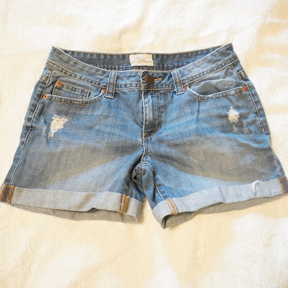 Aeropostale Denim Shorts Cuffed Hem Distressed Blue Wash Womens‎ Size 5/6